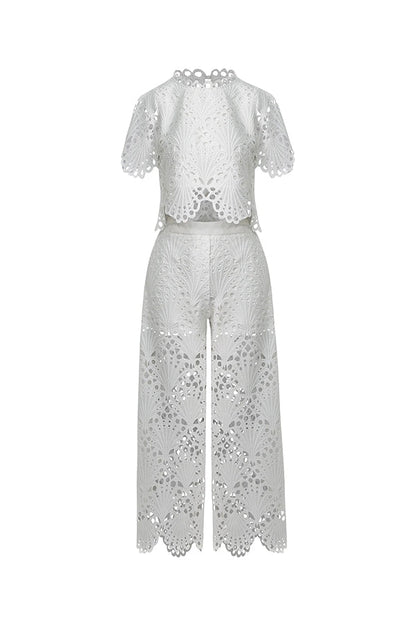 Eliose Scallop Cutout Embroidery Lace Elastic Waist Pocket Loose Pants