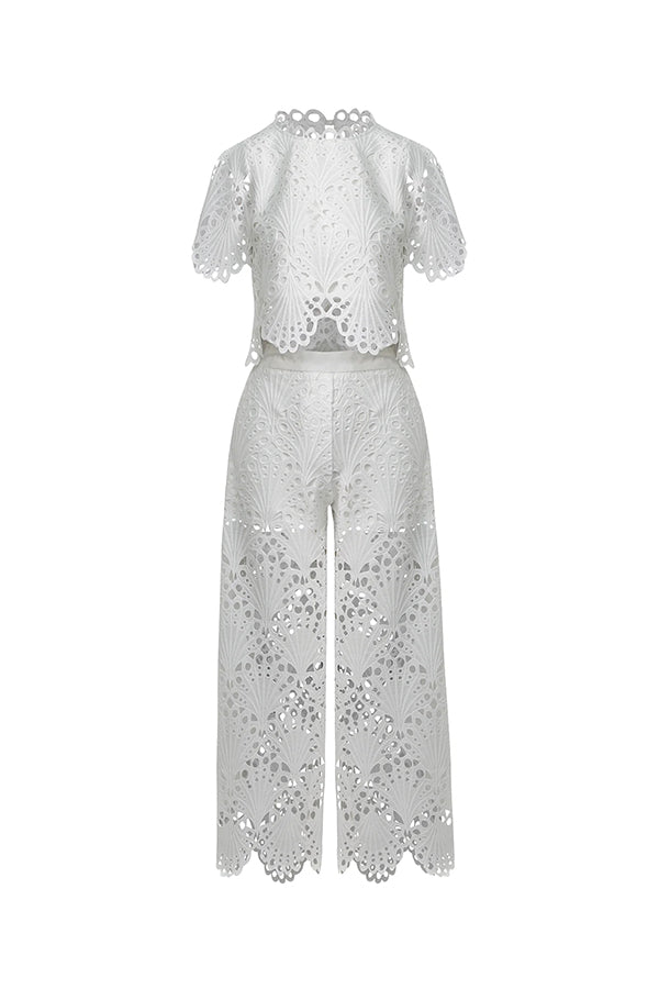 Eliose Scallop Cutout Embroidery Lace Elastic Waist Pocket Loose Pants