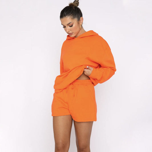 Autumn Winter Color Pullover Hooded Long Sleeves Sweaters Clothing Shorts Suit