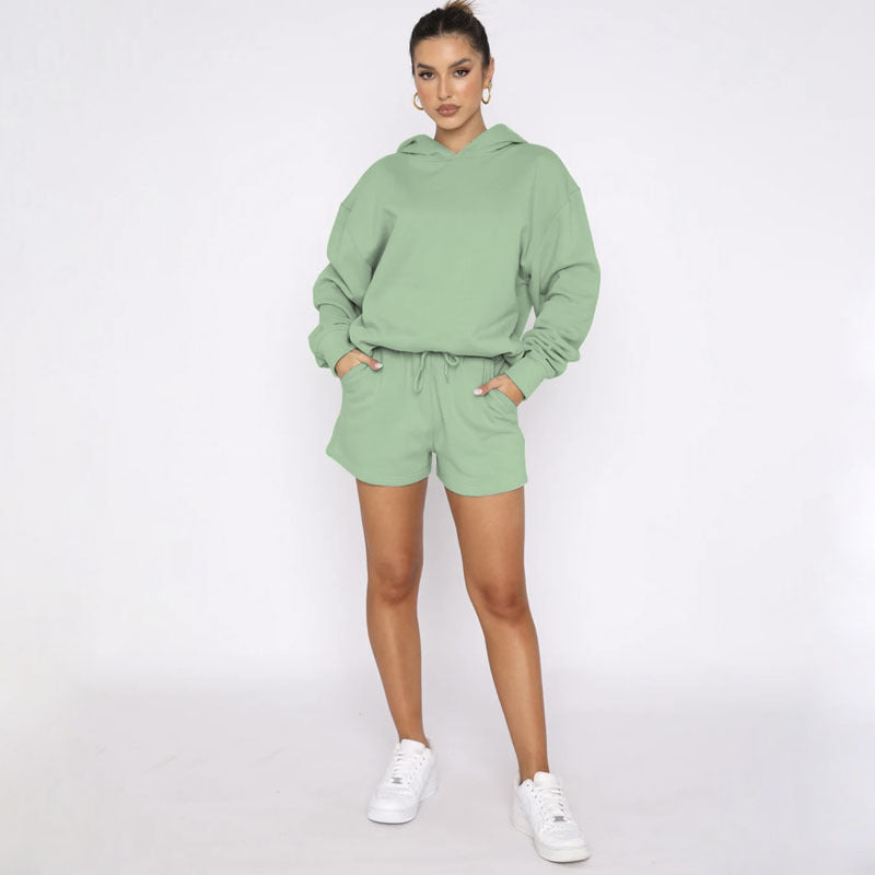 Autumn Winter Color Pullover Hooded Long Sleeves Sweaters Clothing Shorts Suit