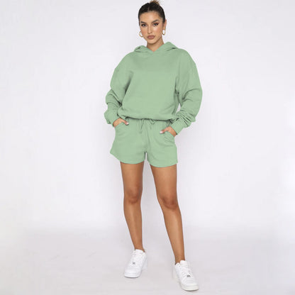 Autumn Winter Color Pullover Hooded Long Sleeves Sweaters Clothing Shorts Suit