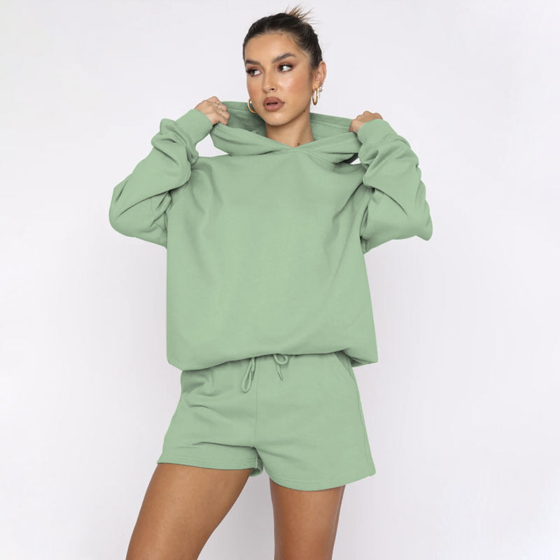 Autumn Winter Color Pullover Hooded Long Sleeves Sweaters Clothing Shorts Suit
