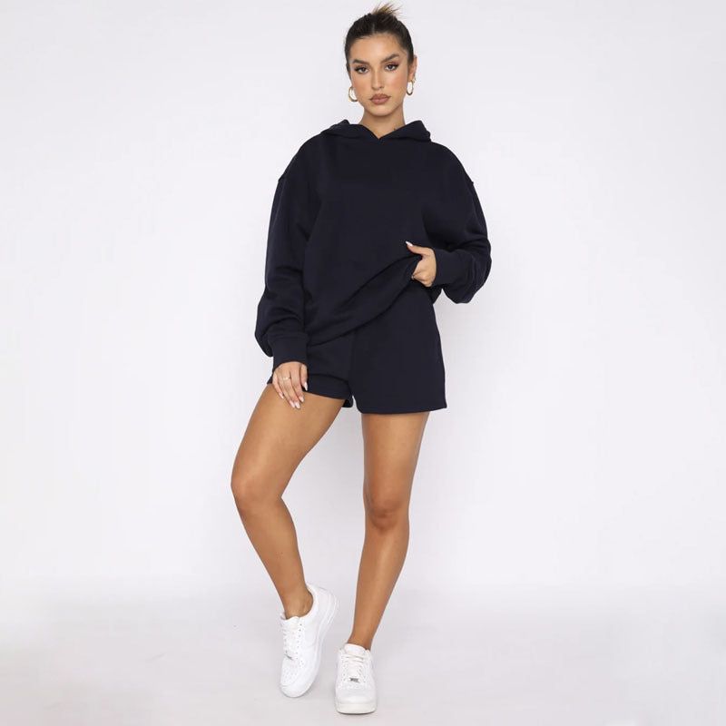 Autumn Winter Color Pullover Hooded Long Sleeves Sweaters Clothing Shorts Suit