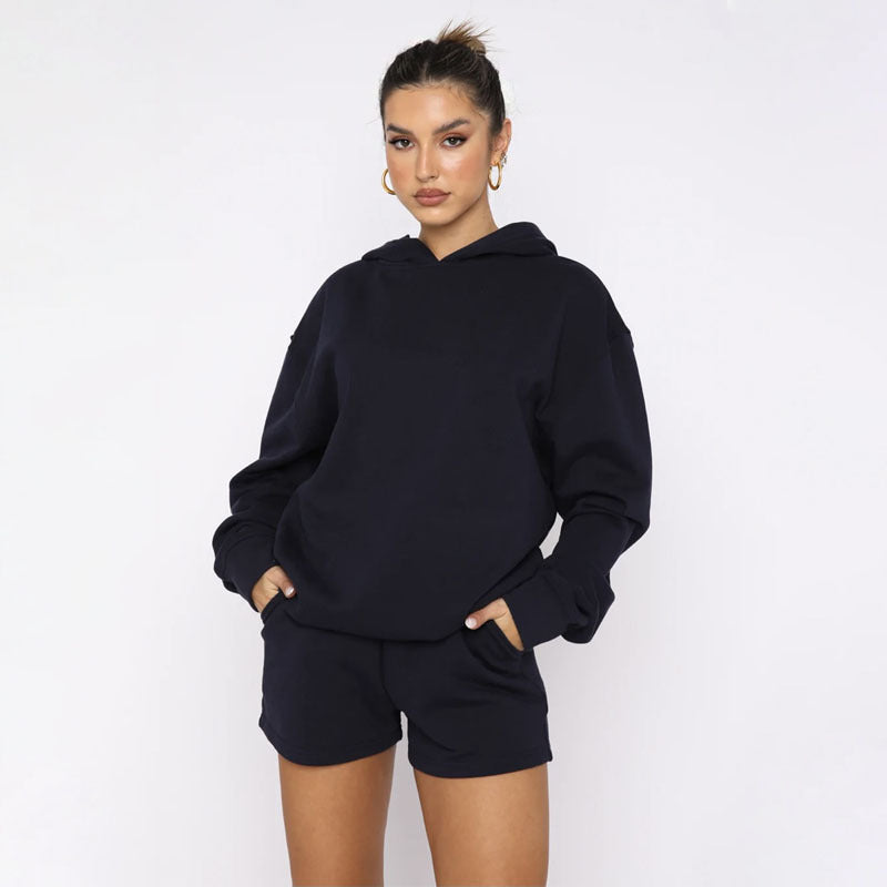 Autumn Winter Color Pullover Hooded Long Sleeves Sweaters Clothing Shorts Suit