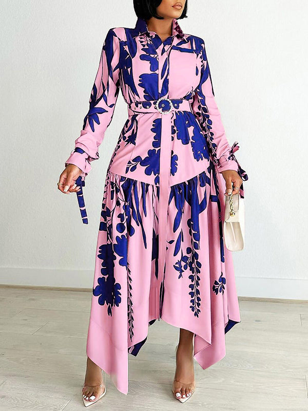 Irregular Clipping Long Sleeves Lace-up Pleated Printed Split-joint Tied Waist Lapel Maxi Dresses Shirt Dress
