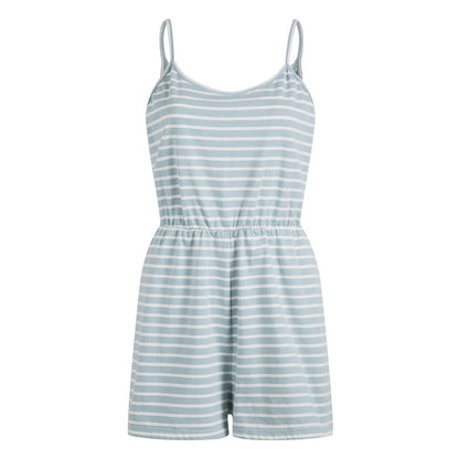 Cotton Striped Spaghetti Straps Jumpsuit Shorts