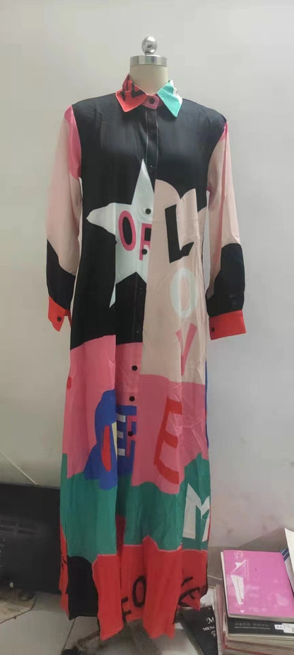 New Long Sleeve Printed Shirt Long Dress Positioning Flower
