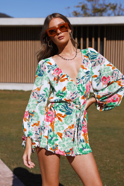 Spring Fall Vacation Long Sleeve V Neck Romper
