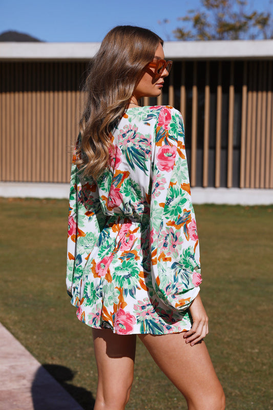 Spring Fall Vacation Long Sleeve V Neck Romper