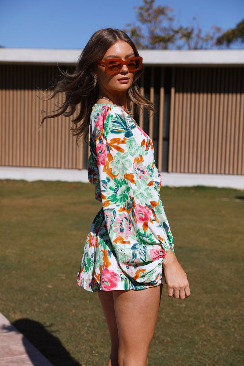 Spring Fall Vacation Long Sleeve V Neck Romper