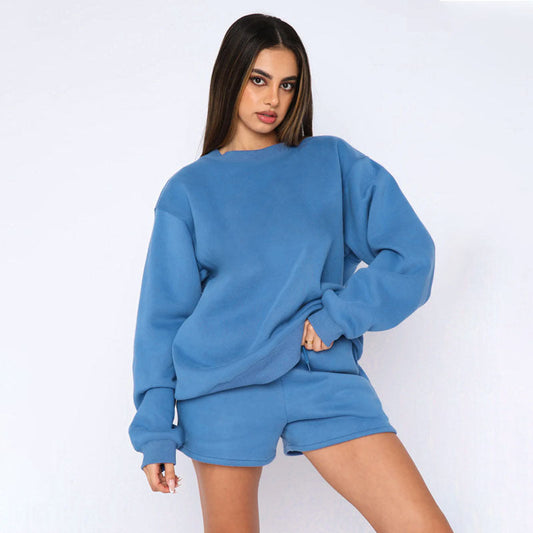 Cotton Autumn Winter Color Round Neck Pullover Long Sleeve Sweater Shorts Set