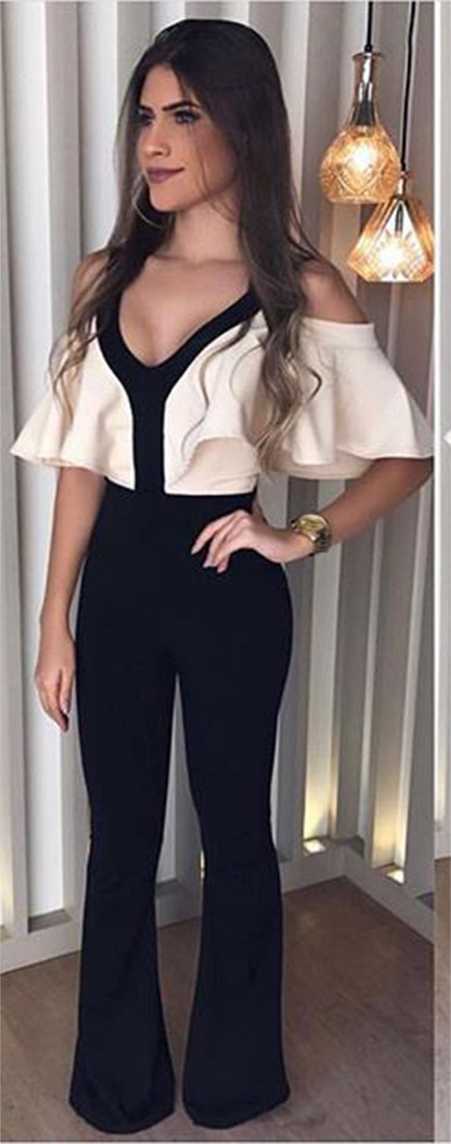 Dress Clothing Contrast Color Ruffle Sleeve Pants Jumpsuit