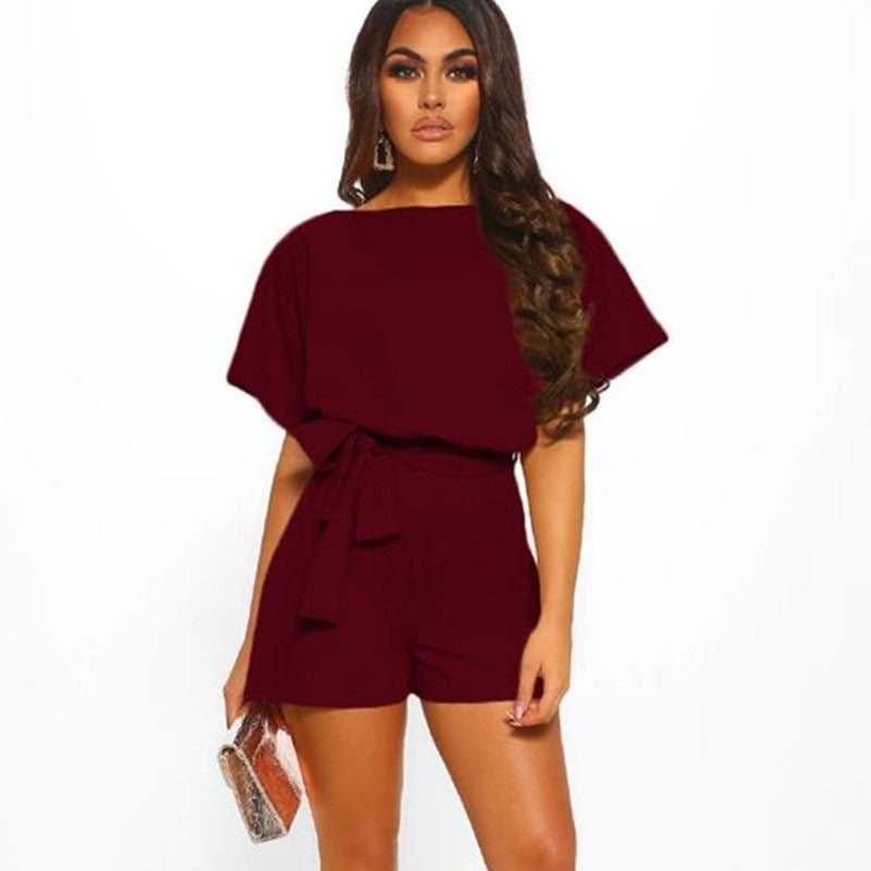 Summer Explosion Color of Belt Short-sleeved Romper
