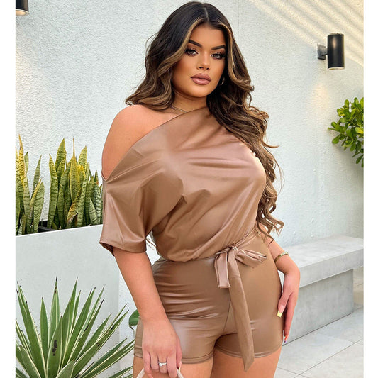 Summer Clothing Faux Leather Shoulder Romper With Belt