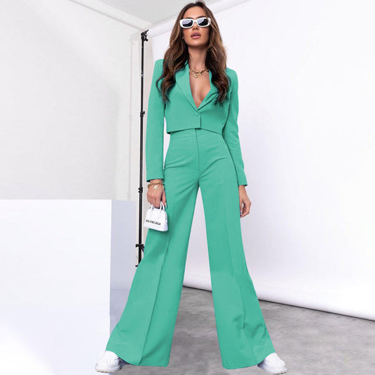 Autumn Winter Color Short Long Sleeve Small Suit High Waist Wide Leg Pants Suit