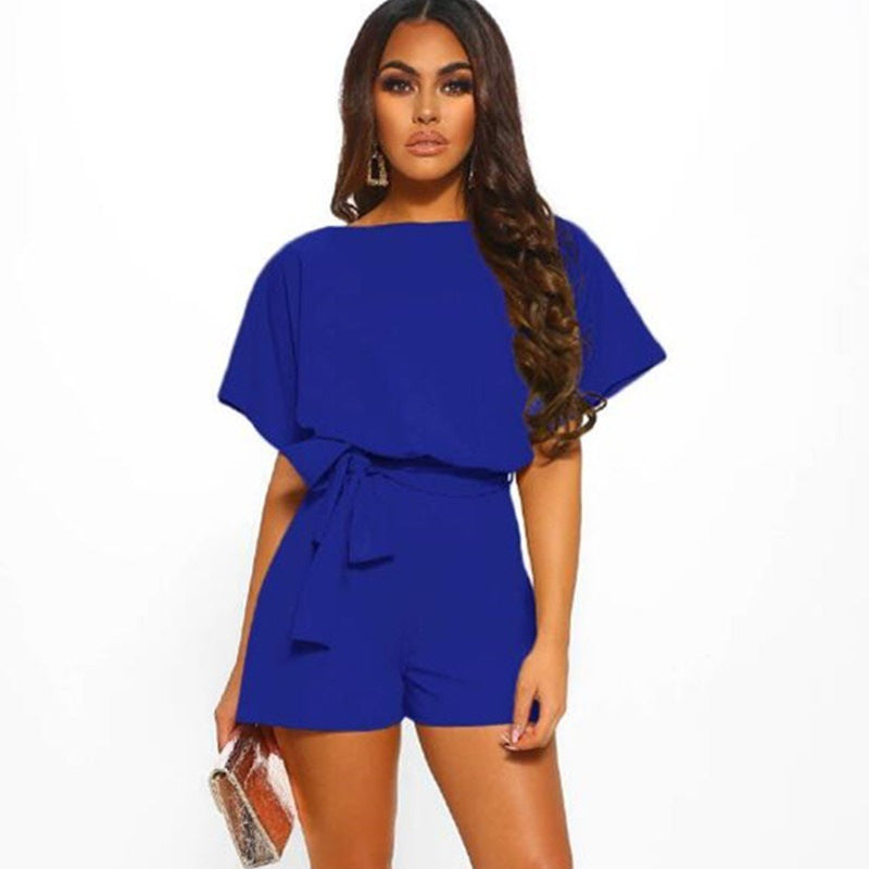 Summer Explosion Color of Belt Short-sleeved Romper