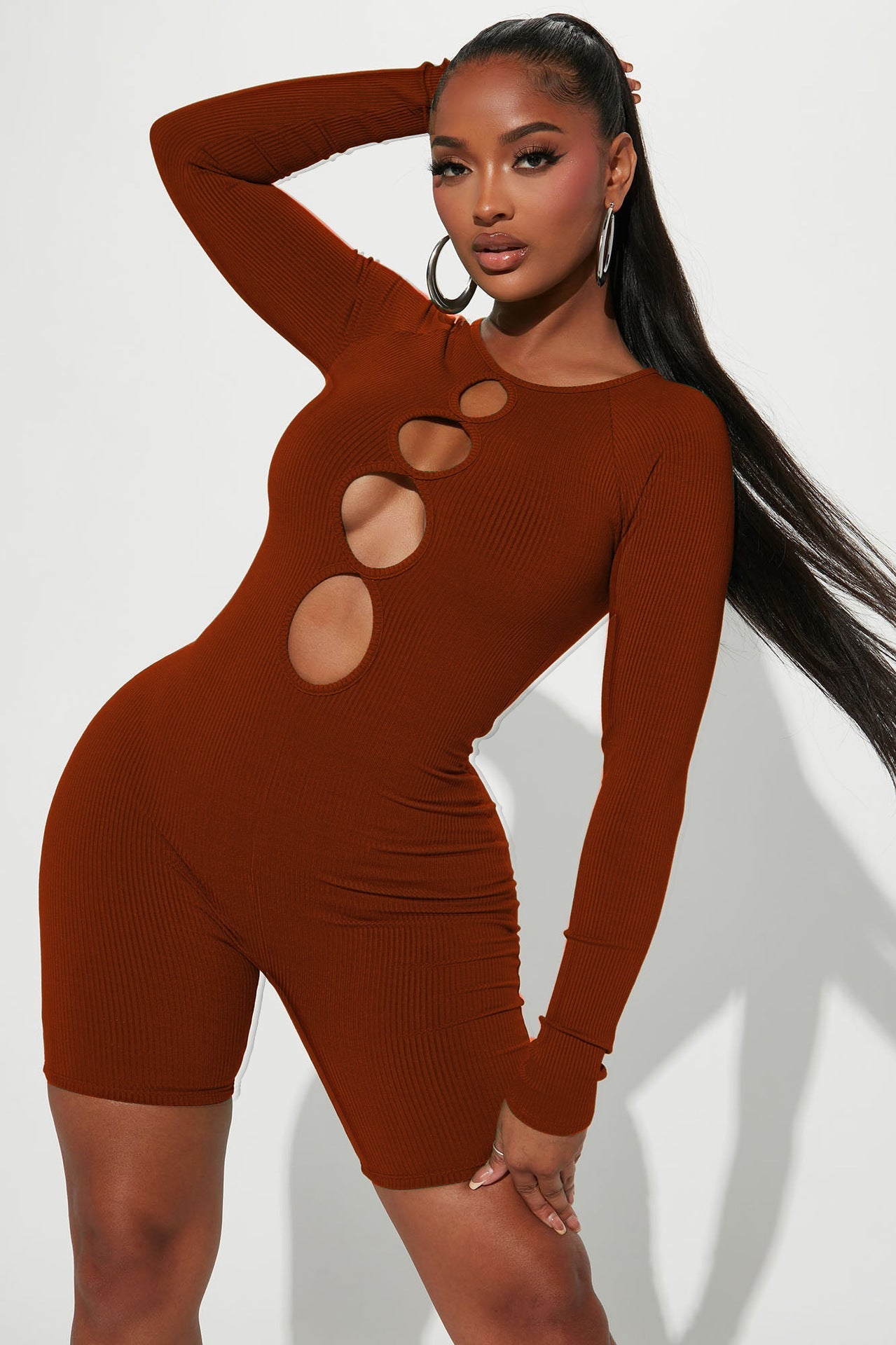 Clothing Spring Round Neck Thread Cutout Out Hip Raise Slim Fit Jumpsuit
