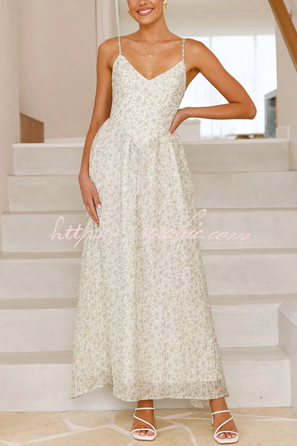 Print V-neck Sleeveless Back Tie Pocket Maxi Dress