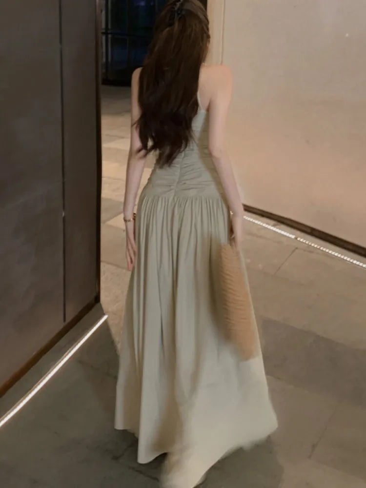 Halter Long Dresses for Slim A-line Holiday Beach Dress Sleeveless V-neck Korean New Spring Summer Clothing