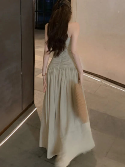 Halter Long Dresses for Slim A-line Holiday Beach Dress Sleeveless V-neck Korean New Spring Summer Clothing