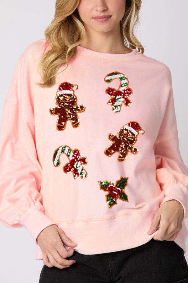 Christmas Gingerbread Man Sequin Long Sleeve Sweatshirt