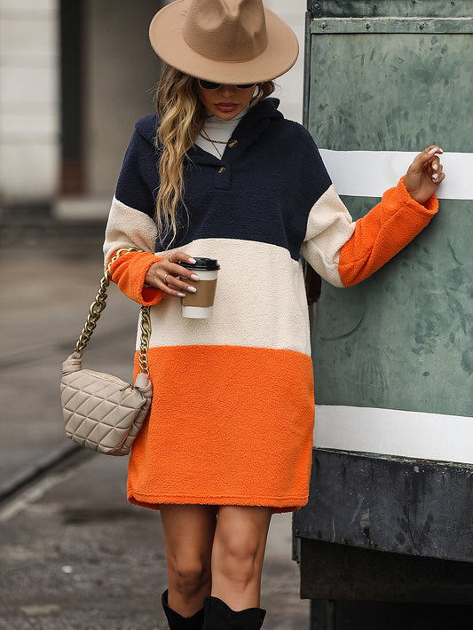 Autumn Winter Long Sleeve Hooded Color Matching Bubble Velvet Long Sweater