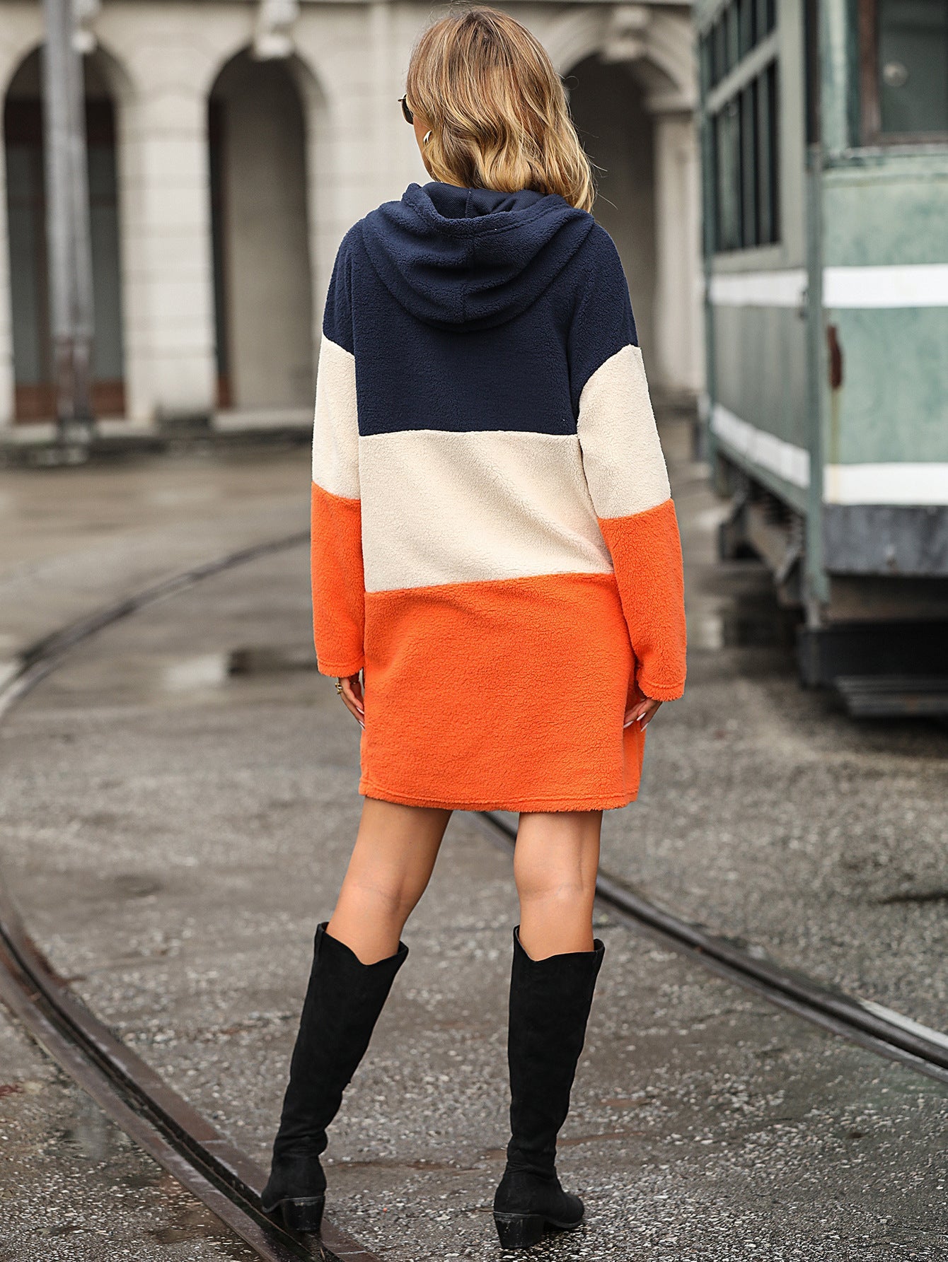 Autumn Winter Long Sleeve Hooded Color Matching Bubble Velvet Long Sweater