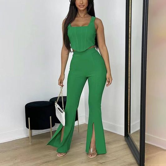 Summer Pants Suit Color Office Sleeveless Vest Split Trousers Two Suits