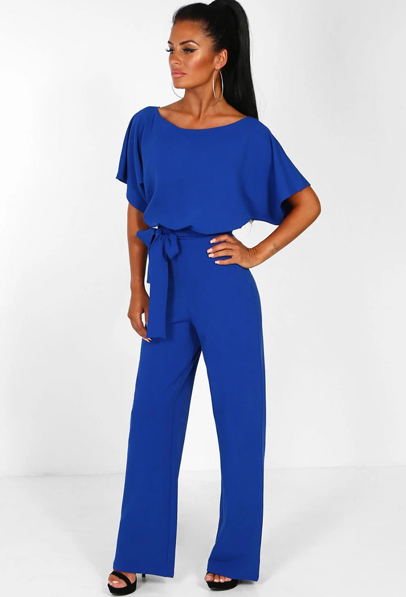 Clothing Summer Button Lace-up Short Sleeved Jumpsuit