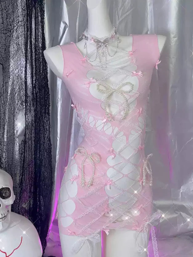 Pink Bow Hollow Jumpsuit Lingerie