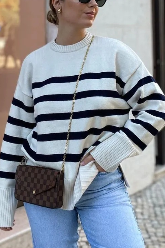 Striped Long Sleeve Crew Neck Pullover Knitted Sweater