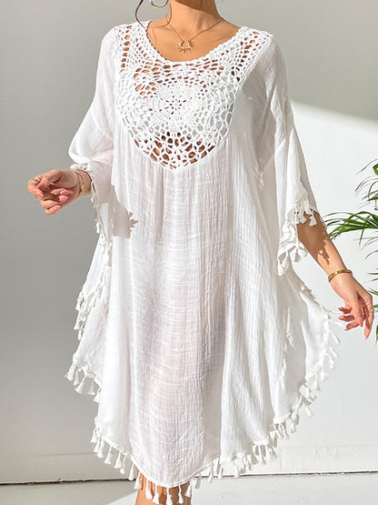 Batwing Sleeves Loose Hollow Color Sun Protection Tasseled Round-neck Cover-ups Tops Midi Dresses
