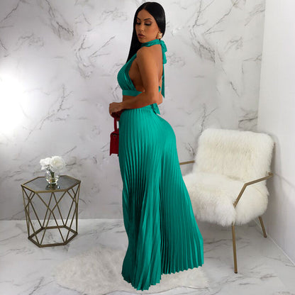 Clothing Halter Backless Artificial Silk Pleated Wide Leg Pants Two Piece Set
