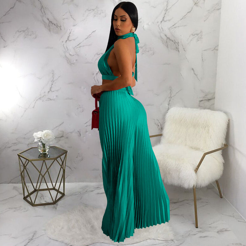 Clothing Halter Backless Artificial Silk Pleated Wide Leg Pants Two Piece Set