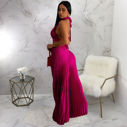 Clothing Halter Backless Artificial Silk Pleated Wide Leg Pants Two Piece Set
