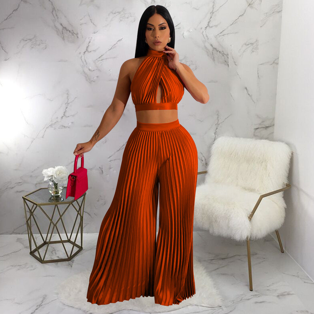 Clothing Halter Backless Artificial Silk Pleated Wide Leg Pants Two Piece Set