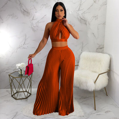 Clothing Halter Backless Artificial Silk Pleated Wide Leg Pants Two Piece Set