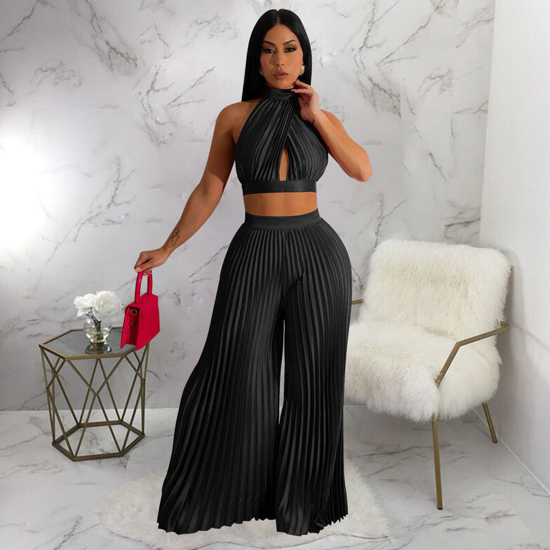 Clothing Halter Backless Artificial Silk Pleated Wide Leg Pants Two Piece Set