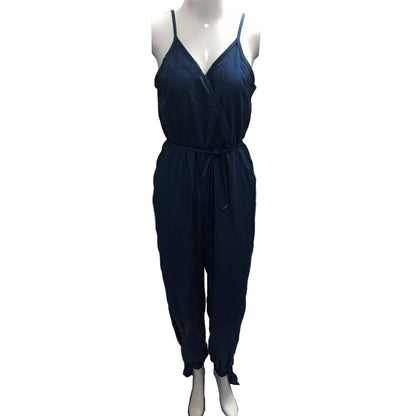 Summer Backless Print Tied Spaghetti-strap Cotton One-piece Slit Jumpsuit