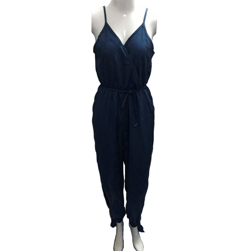 Summer Backless Print Tied Spaghetti-strap Cotton One-piece Slit Jumpsuit