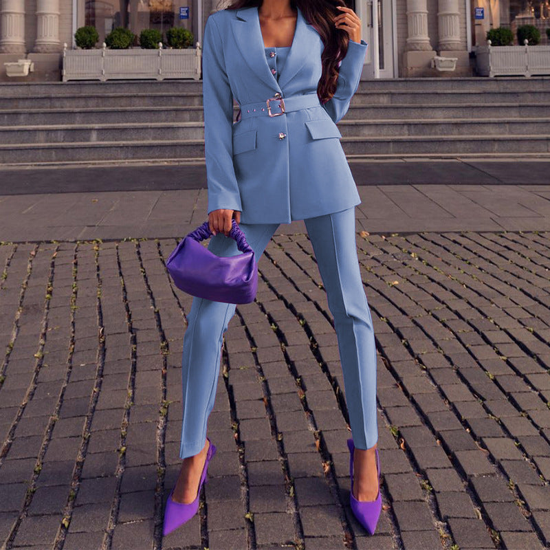 Clothing Autumn Coat Stylish Long Sleeves Belt Suit Two Piece Suit(buttons Are Round)