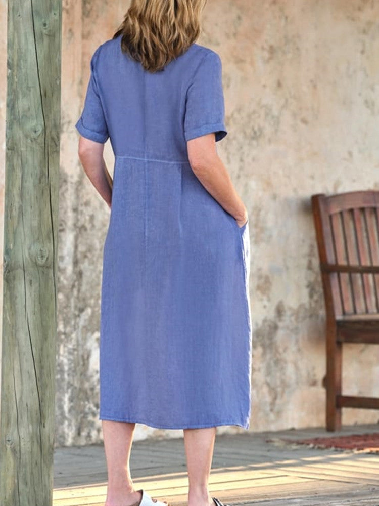 V Neck Linen Button-down Midi Dress With Pocket in Lavender Blue