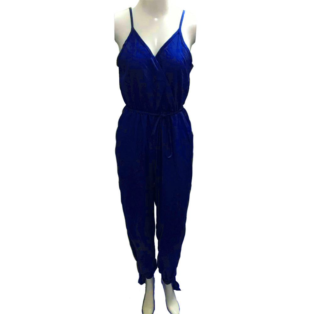 Summer Backless Print Tied Spaghetti-strap Cotton One-piece Slit Jumpsuit