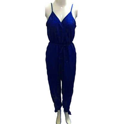 Summer Backless Print Tied Spaghetti-strap Cotton One-piece Slit Jumpsuit
