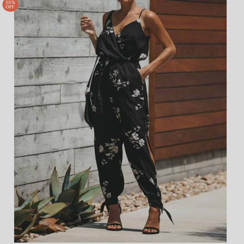 Summer Backless Print Tied Spaghetti-strap Cotton One-piece Slit Jumpsuit