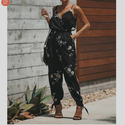 Summer Backless Print Tied Spaghetti-strap Cotton One-piece Slit Jumpsuit