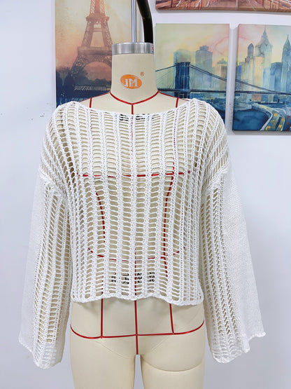 Spring Summer Knitwear Hand Crocheting Blouse Off the Shoulder Hollow Out Cutout Knitted Knitwear