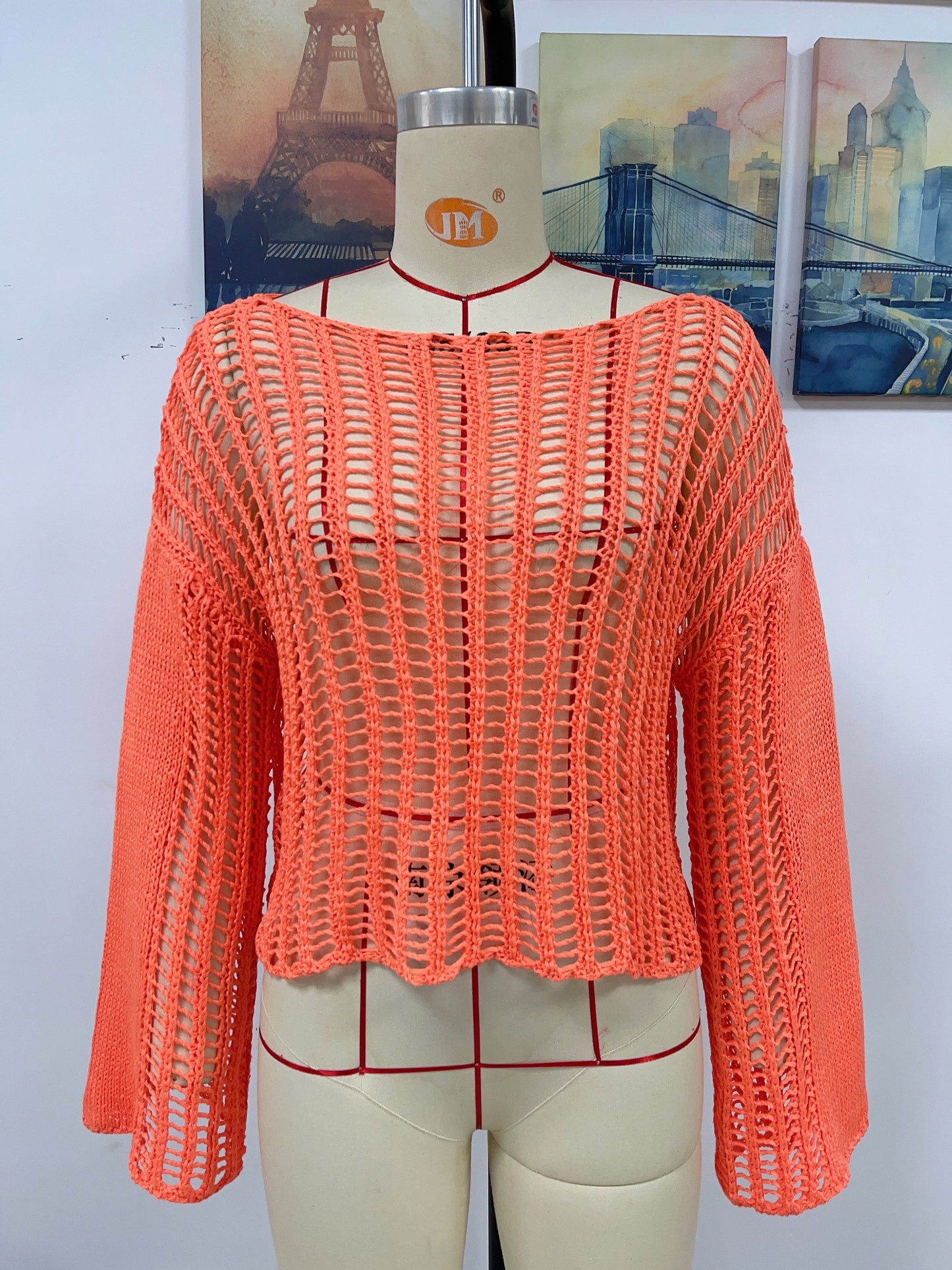 Spring Summer Knitwear Hand Crocheting Blouse Off the Shoulder Hollow Out Cutout Knitted Knitwear