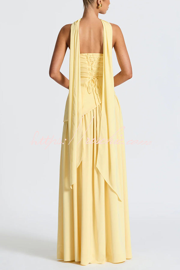 Off Shopulder Chiffon Pleated Hem Scarf Slit Maxi Dress