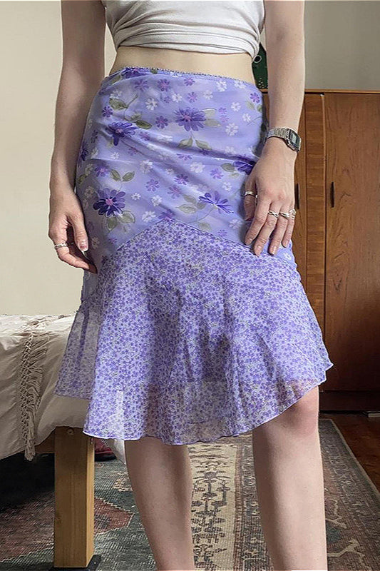 Purple Patchwork Asymmetrical Tulle High Waist Skirt